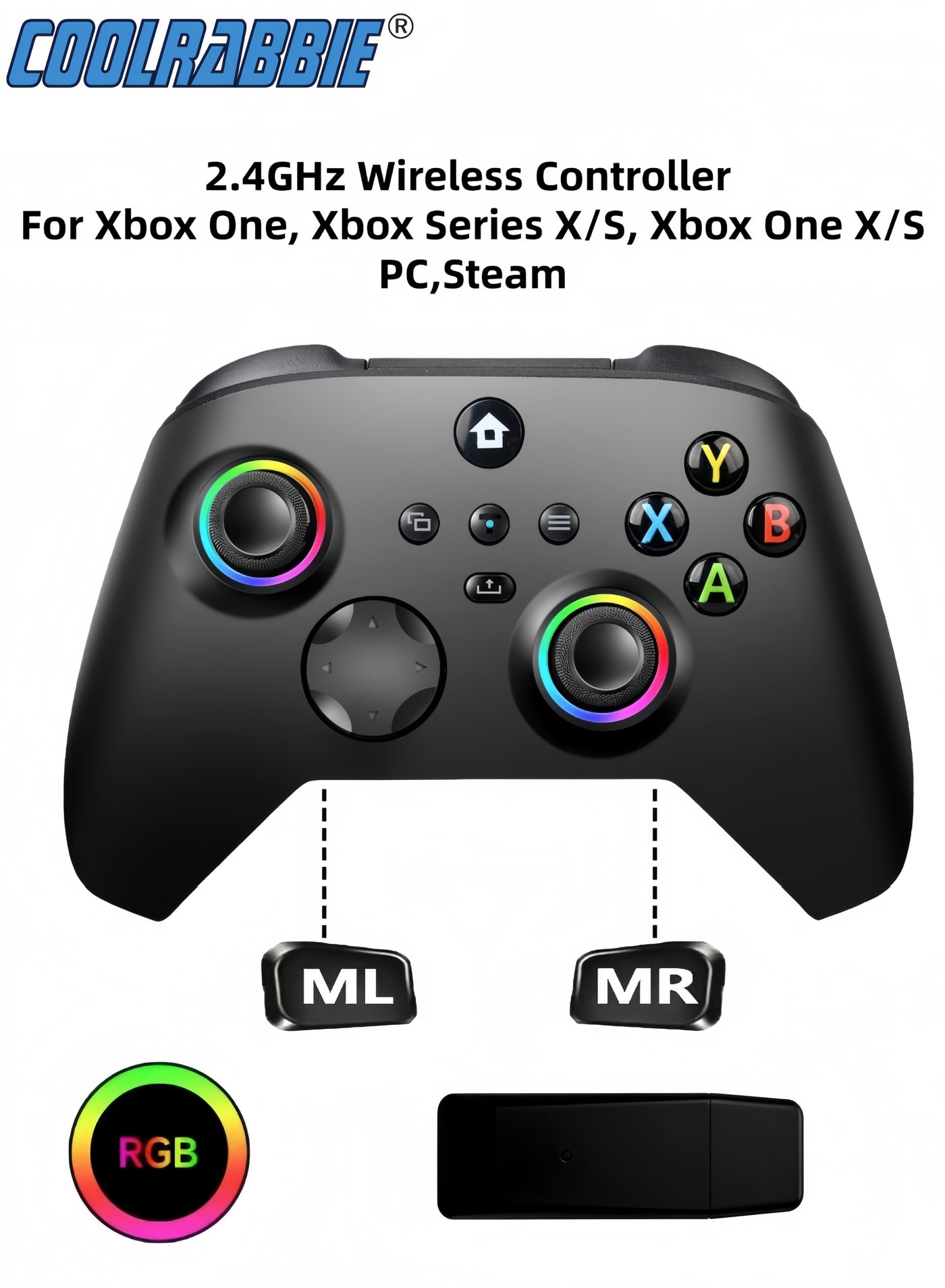 RGB Wireless Game Controller For Xbox One, Xbox Series X/S, Xbox One X/S, PC, With 800mAh Battery, Programmable, Turbo Function, 4 Lighting Modes, With 2.4GHZ Wireless Adapter Gamepad With Hall Effect Joysticks , Black